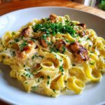 Close-up of Creamy Lemon Garlic Pasta with Chicken tossed in a rich sauce and topped with fresh parsley.
