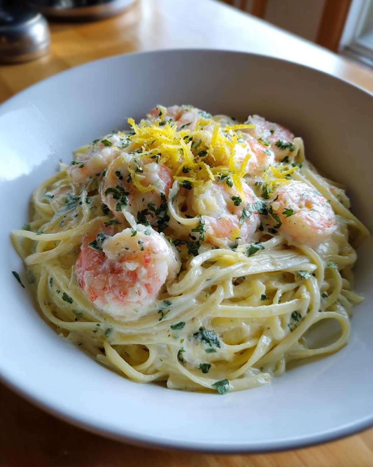 Close-up of a bowl of Creamy Lemon Garlic Shrimp Pasta topped with lemon zest and parsley.
