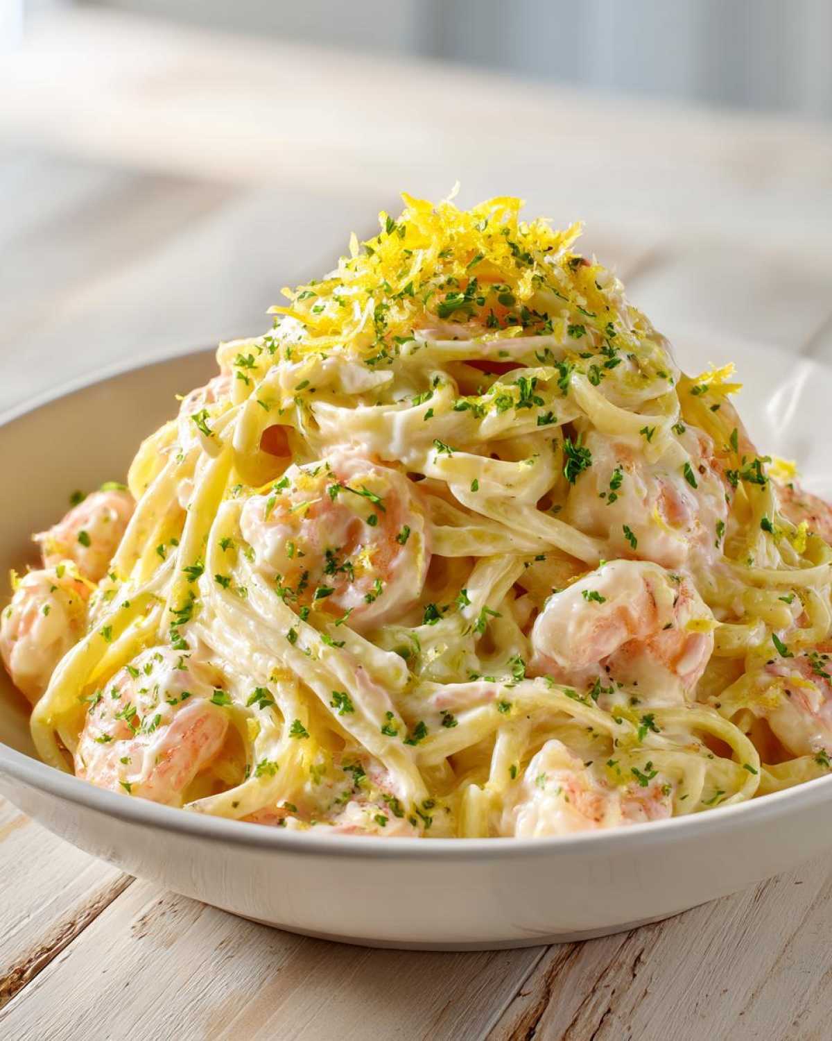 A generous serving of Creamy Lemon Garlic Shrimp Pasta topped with bright lemon zest and fresh parsley.