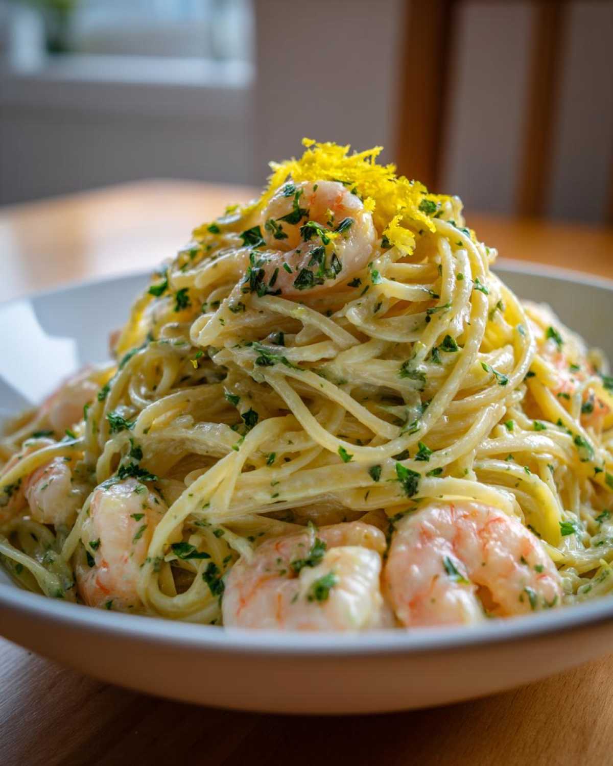 A generous serving of Creamy Lemon Garlic Shrimp Pasta topped with fresh parsley and bright lemon zest.