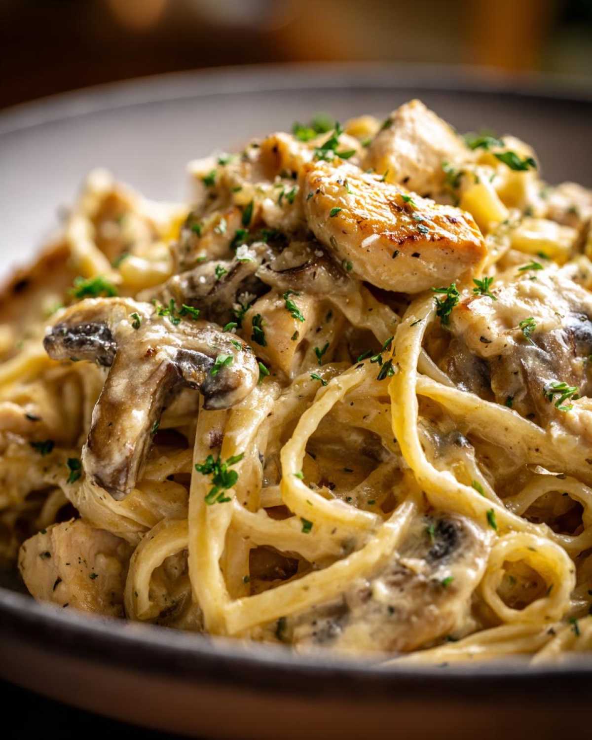 Close-up of Creamy Mushroom Chicken Pasta coated in a rich garlic sauce and garnished with parsley.