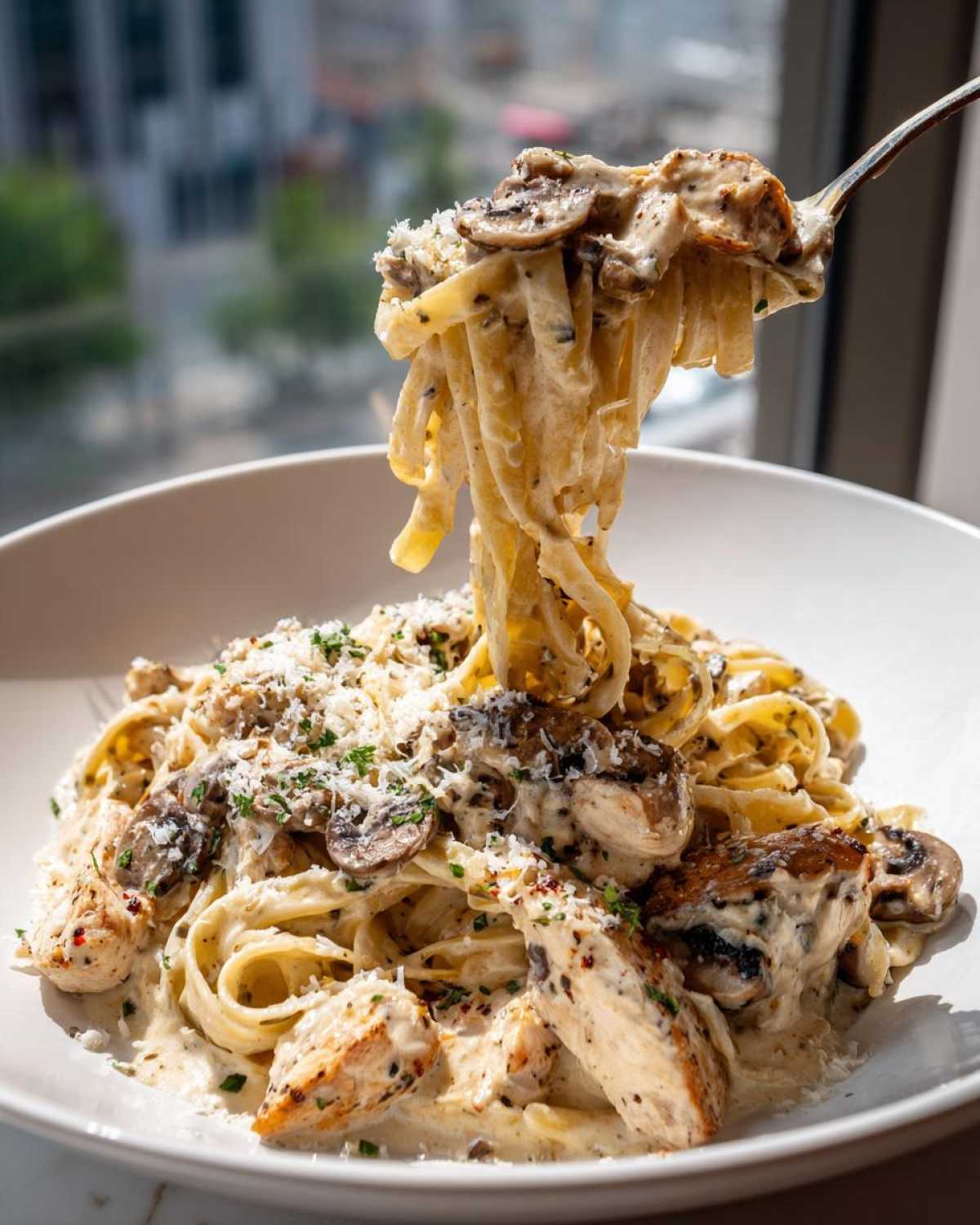 A fork lifting a generous portion of Creamy Mushroom Chicken Pasta with Parmesan from a white bowl.