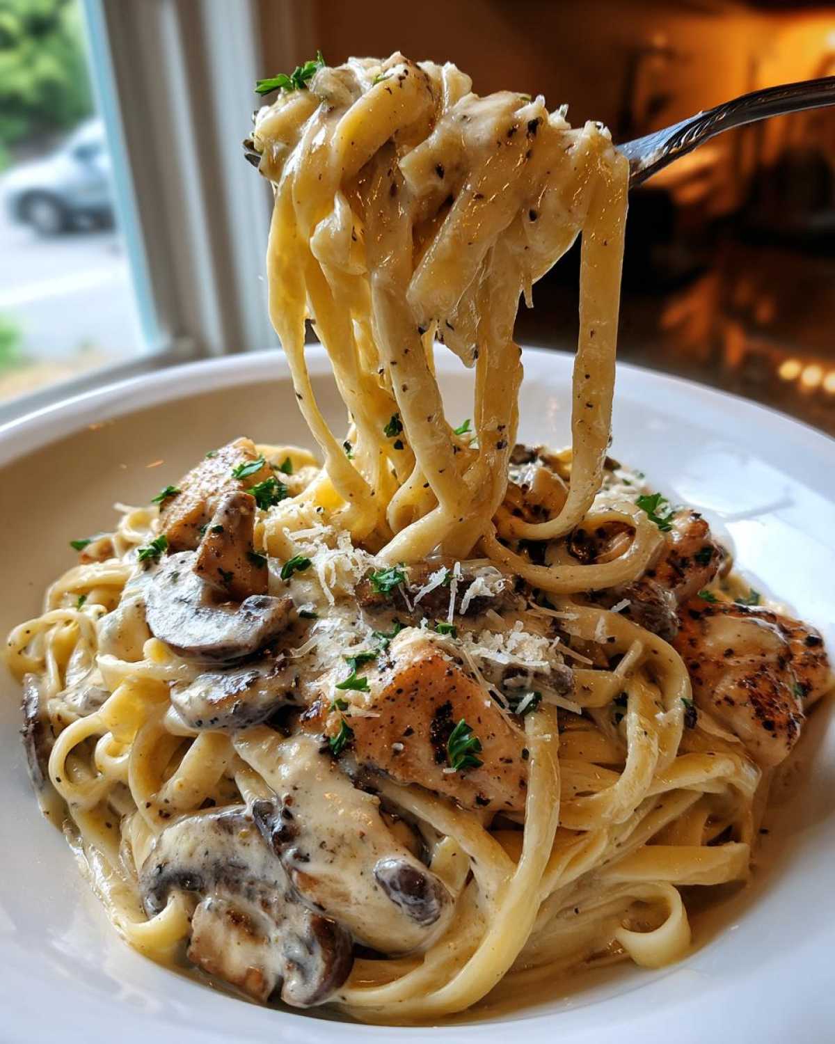 Fork lifting creamy fettuccine noodles from a bowl of Creamy Mushroom Garlic Pasta with Chicken, topped with mushrooms and parmesan.