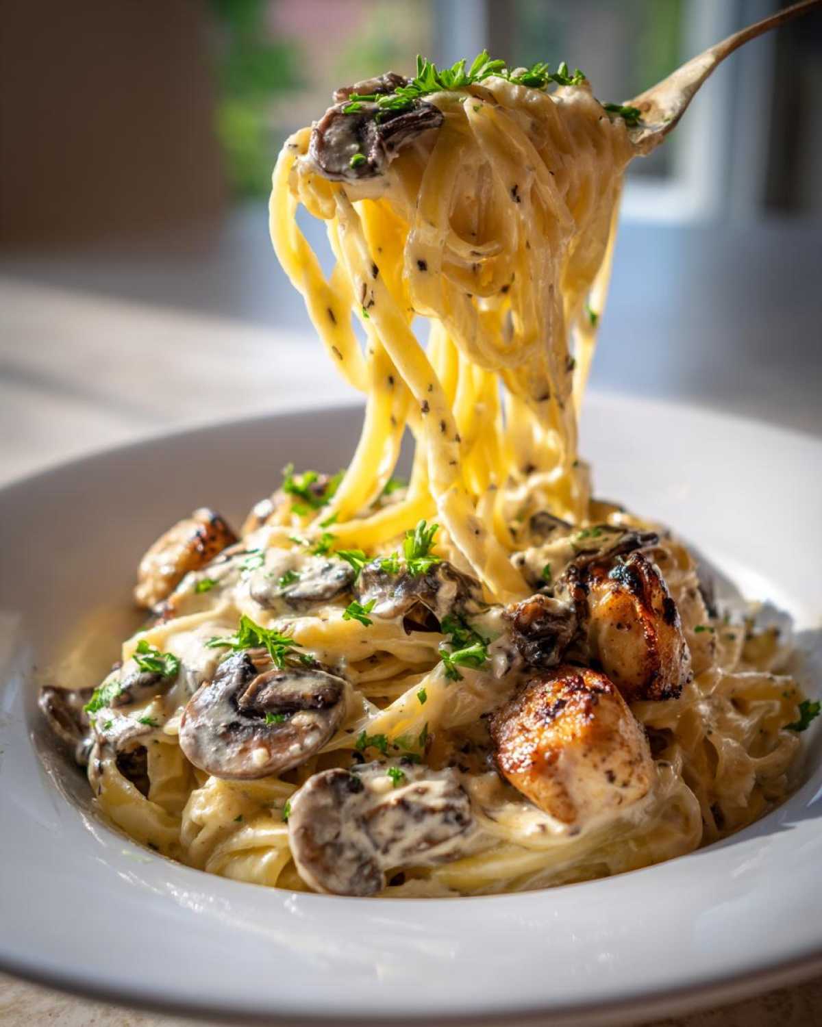 A fork lifting strands of Creamy Mushroom Garlic Pasta with Chicken coated in a rich white sauce, topped with mushrooms and parsley.