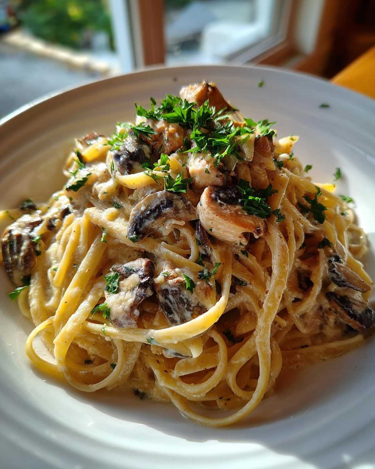 A close-up of rich Creamy Mushroom Garlic Pasta with Chicken, tossed in a white sauce and garnished with fresh parsley.