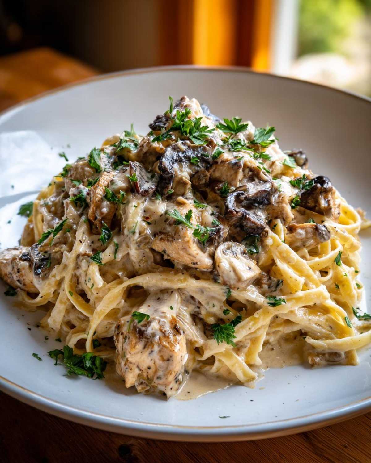 A generous serving of Creamy Mushroom Garlic Pasta with Chicken, featuring fettuccine noodles coated in a rich sauce and topped with mushrooms and parsley.