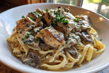 A close-up of fettuccine pasta topped with seared chicken pieces, sliced mushrooms, and a rich, creamy garlic sauce, garnished with parsley.