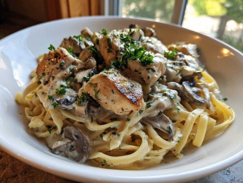 A close-up of fettuccine pasta topped with seared chicken pieces, sliced mushrooms, and a rich, creamy garlic sauce, garnished with parsley.