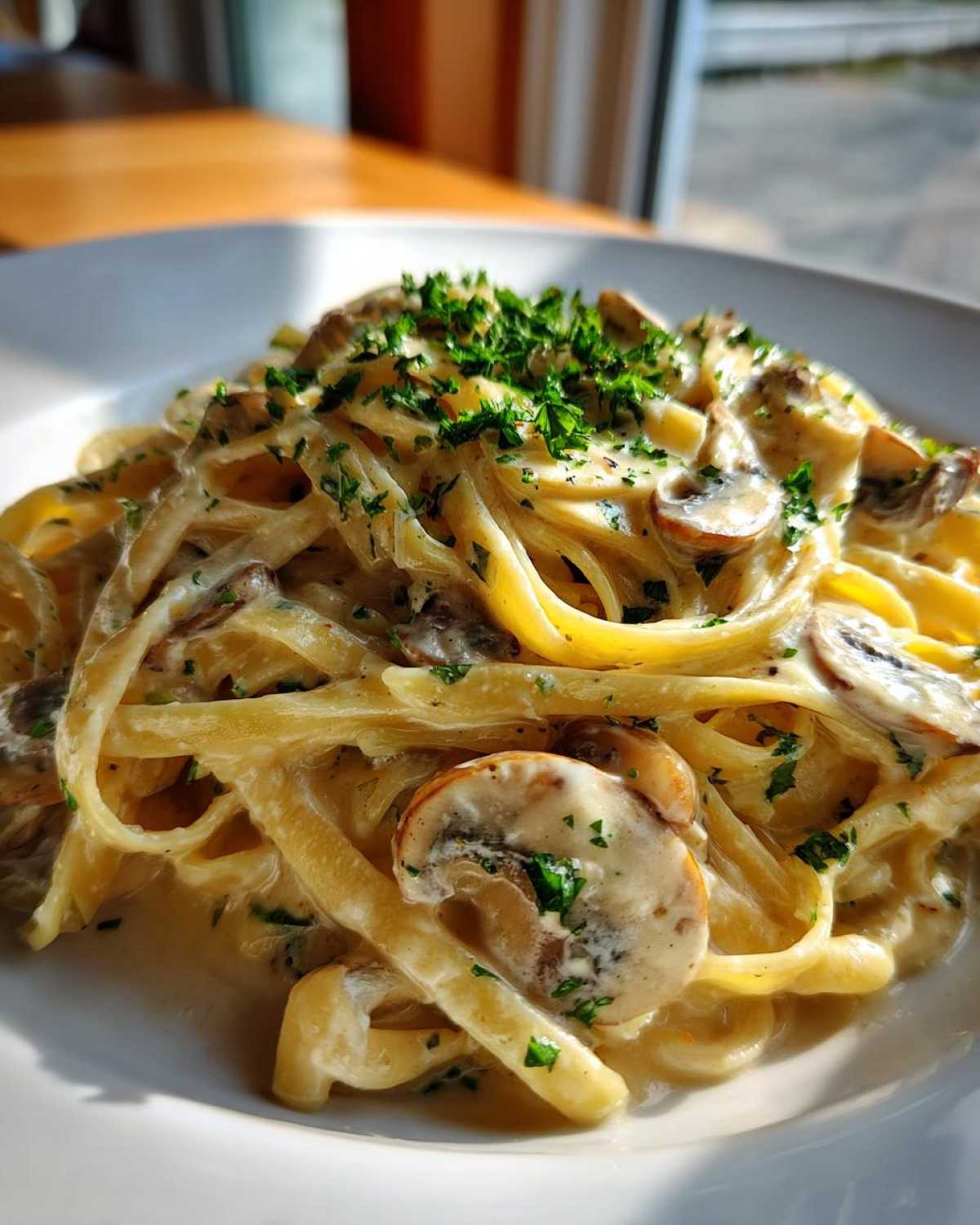 Close-up of fettuccine pasta coated in a rich Creamy Mushroom Pasta with Parmesan Sauce, topped with sliced mushrooms and parsley.