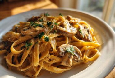 Close-up of fettuccine pasta coated in a rich, creamy mushroom sauce, garnished with fresh parsley.