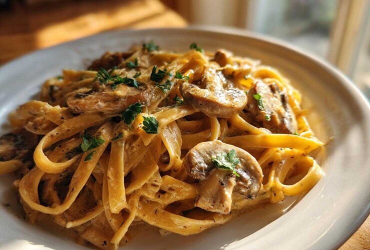 Close-up of fettuccine pasta coated in a rich, creamy mushroom sauce, garnished with fresh parsley.