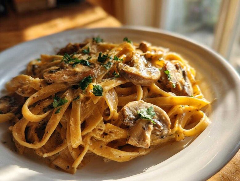 Close-up of fettuccine pasta coated in a rich, creamy mushroom sauce, garnished with fresh parsley.