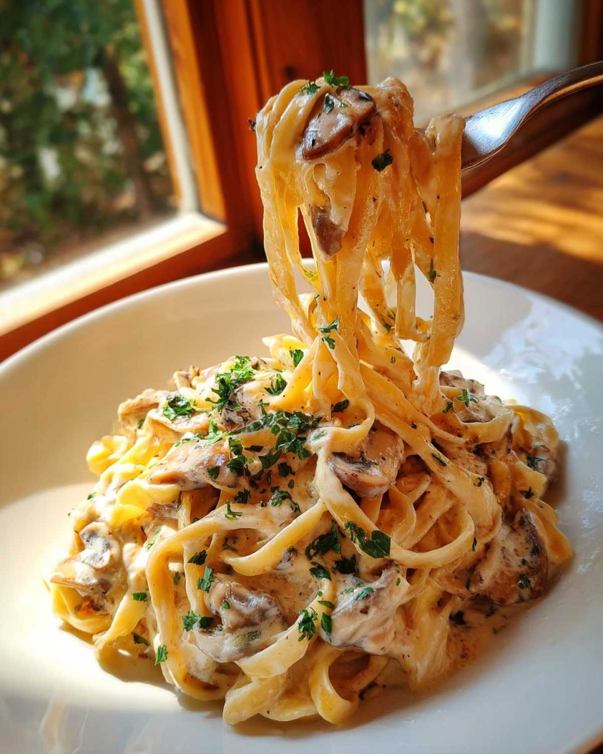 A fork lifting fettuccine noodles coated in Creamy Mushroom Pasta with Parmesan Sauce, garnished with parsley.