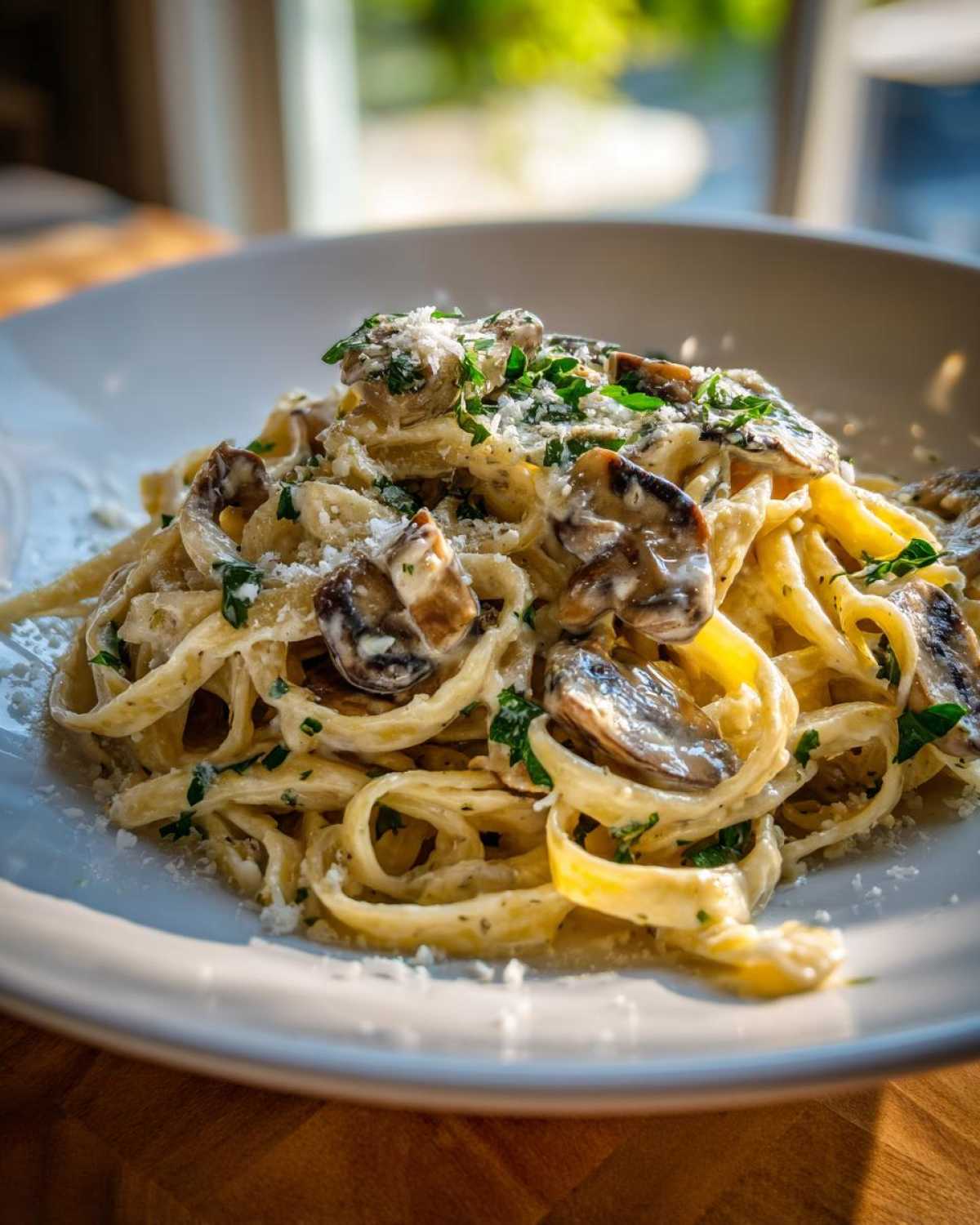 A close-up of fettuccine pasta coated in a rich, creamy sauce with sliced mushrooms, topped with grated Parmesan and parsley for Creamy Mushroom Pasta.