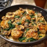 Close-up of seared chicken pieces in a skillet with creamy sauce, spinach, and sliced mushrooms, featuring the Creamy Mushroom and Spinach Chicken Skillet.