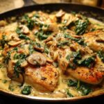 Close-up of seared chicken breasts smothered in a rich, creamy sauce with sliced mushrooms and wilted spinach: Creamy Mushroom and Spinach Chicken Skillet.