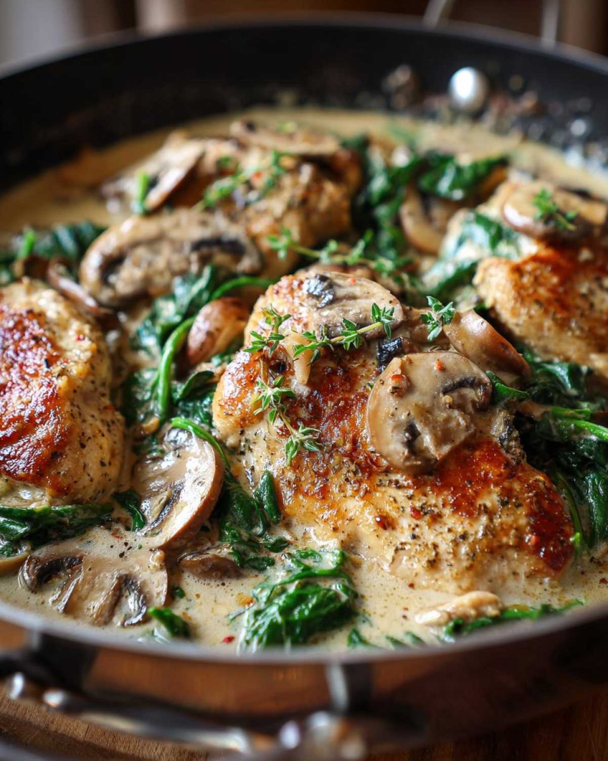 Close-up of seared chicken breasts covered in creamy mushroom and spinach sauce in a skillet.