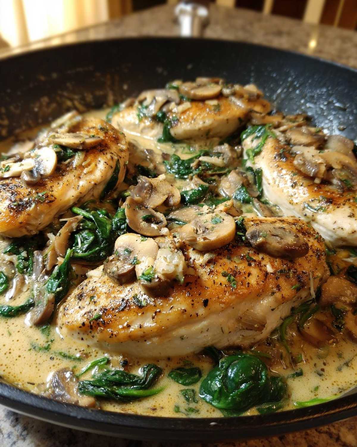 Four golden-brown chicken breasts smothered in a creamy mushroom and spinach sauce in a dark skillet.