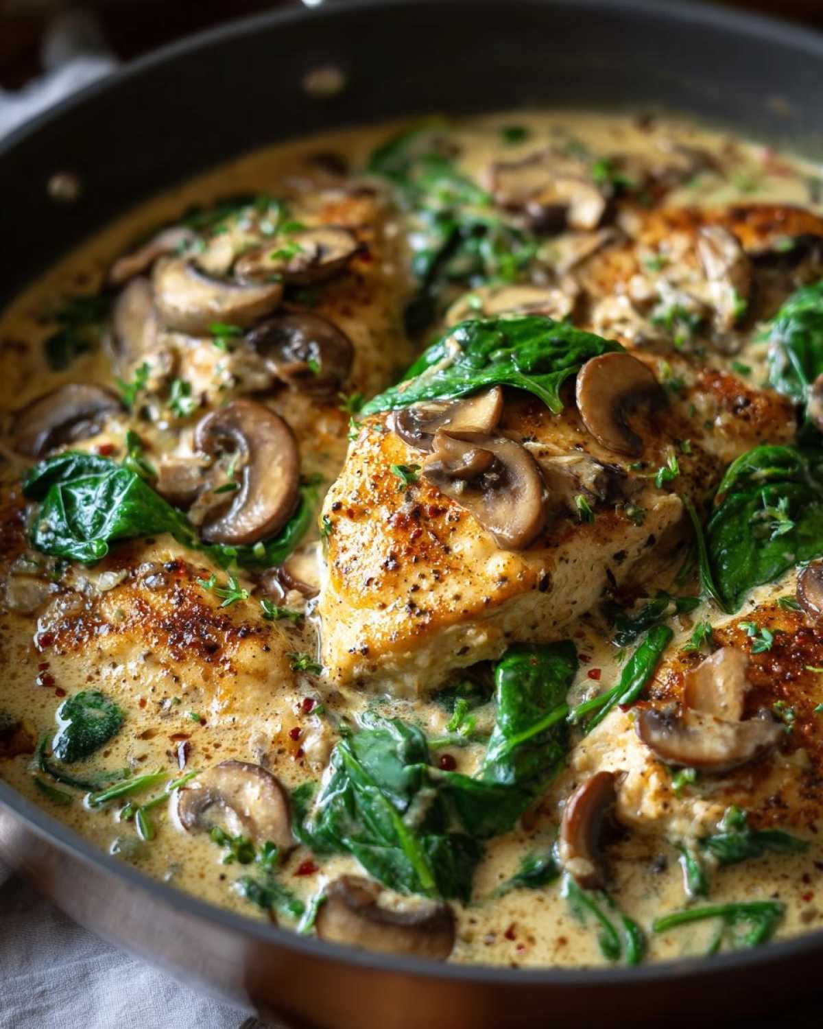 Close-up of seared chicken breasts simmering in a rich, creamy sauce with mushrooms and wilted spinach in a skillet.