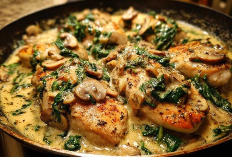 Close-up of seared chicken breasts smothered in a rich, creamy sauce with sliced mushrooms and wilted spinach: Creamy Mushroom and Spinach Chicken Skillet.