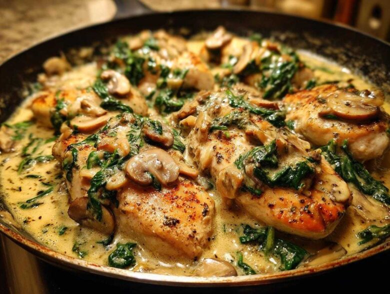 Close-up of seared chicken breasts smothered in a rich, creamy sauce with sliced mushrooms and wilted spinach: Creamy Mushroom and Spinach Chicken Skillet.