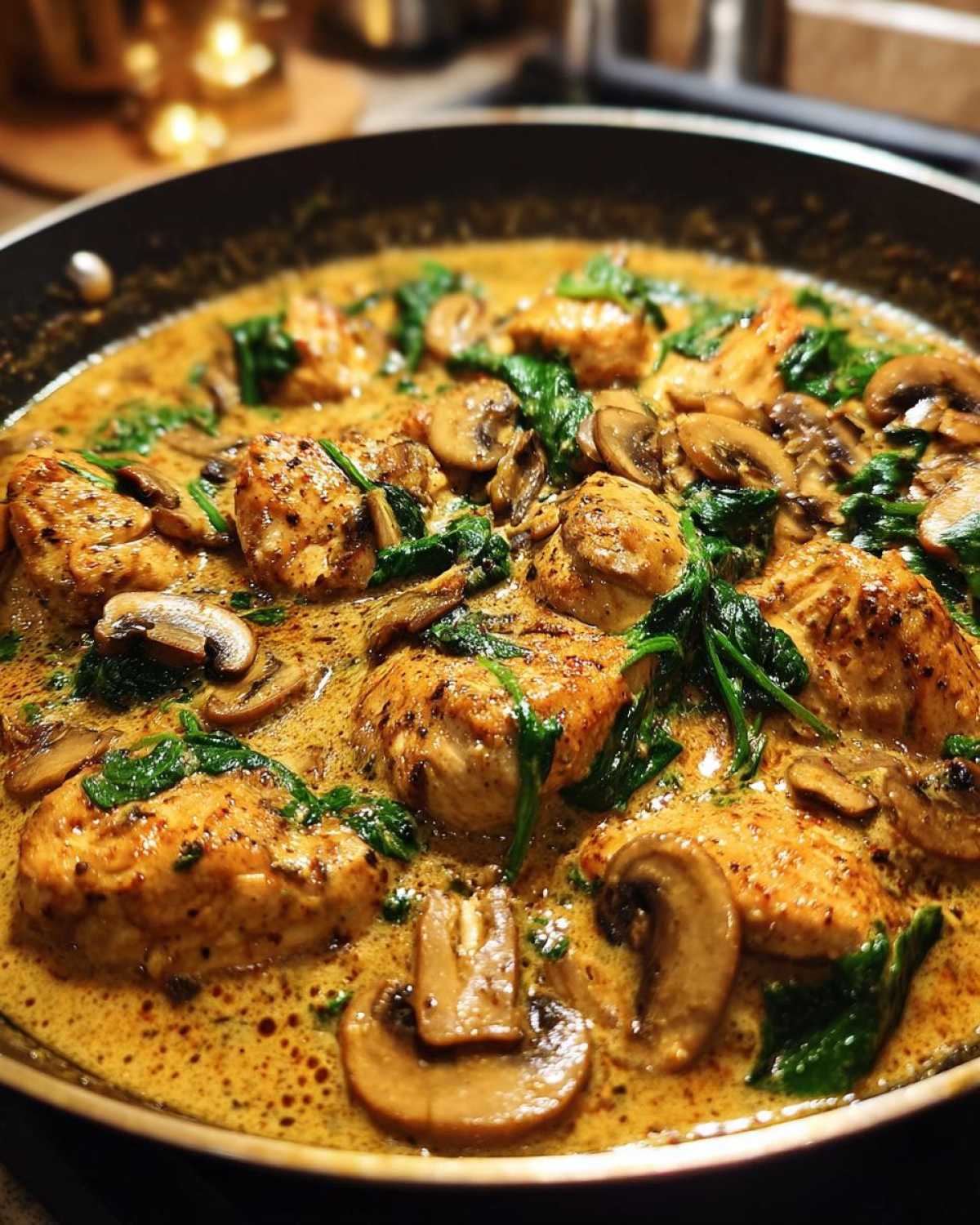 Close-up of seared chicken pieces simmering in a rich, creamy sauce with sliced mushrooms and wilted spinach: Creamy Mushroom and Spinach Chicken Skillet.