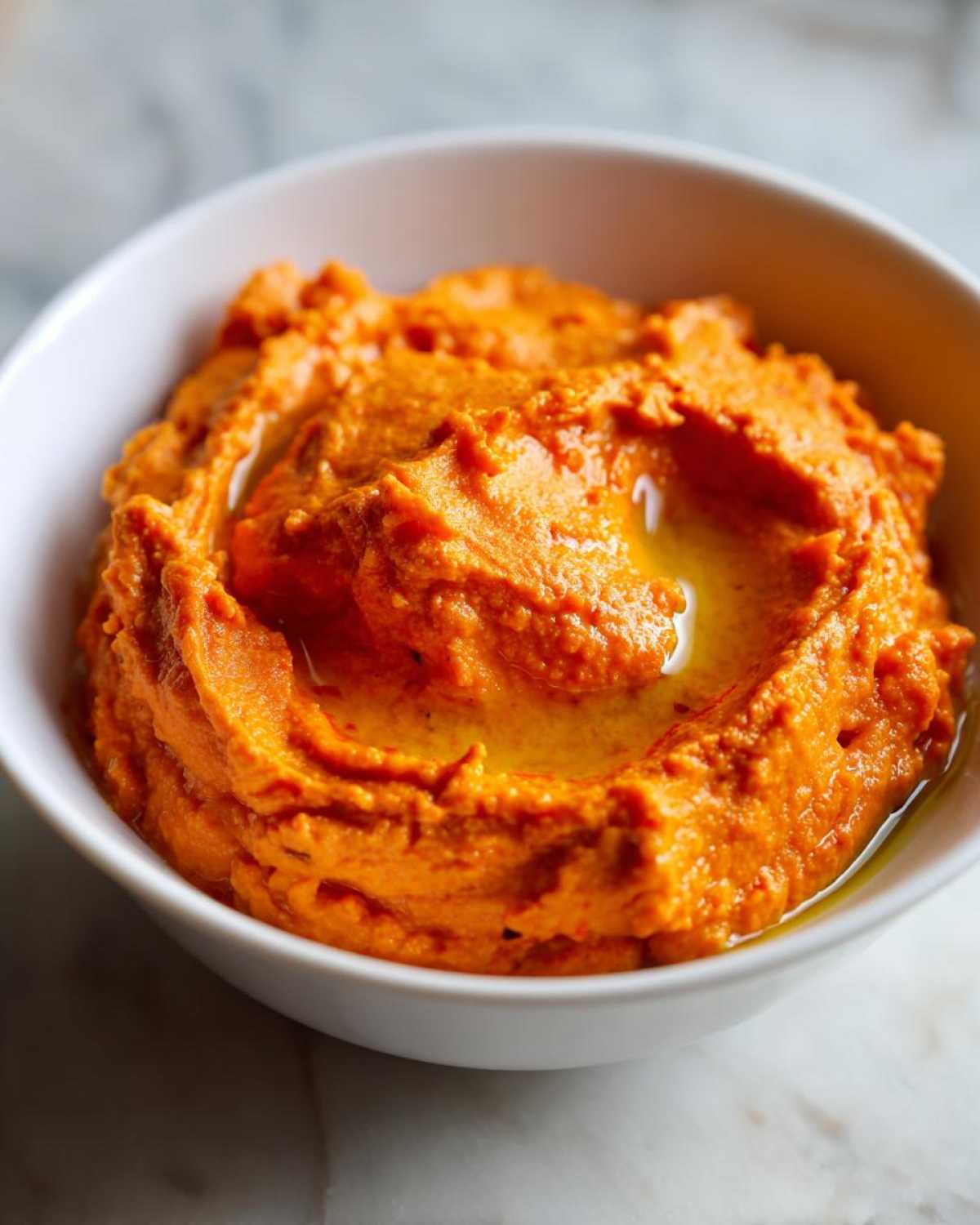 Close-up of bright orange Roasted Red Pepper Hummus swirled in a white bowl, drizzled with olive oil.