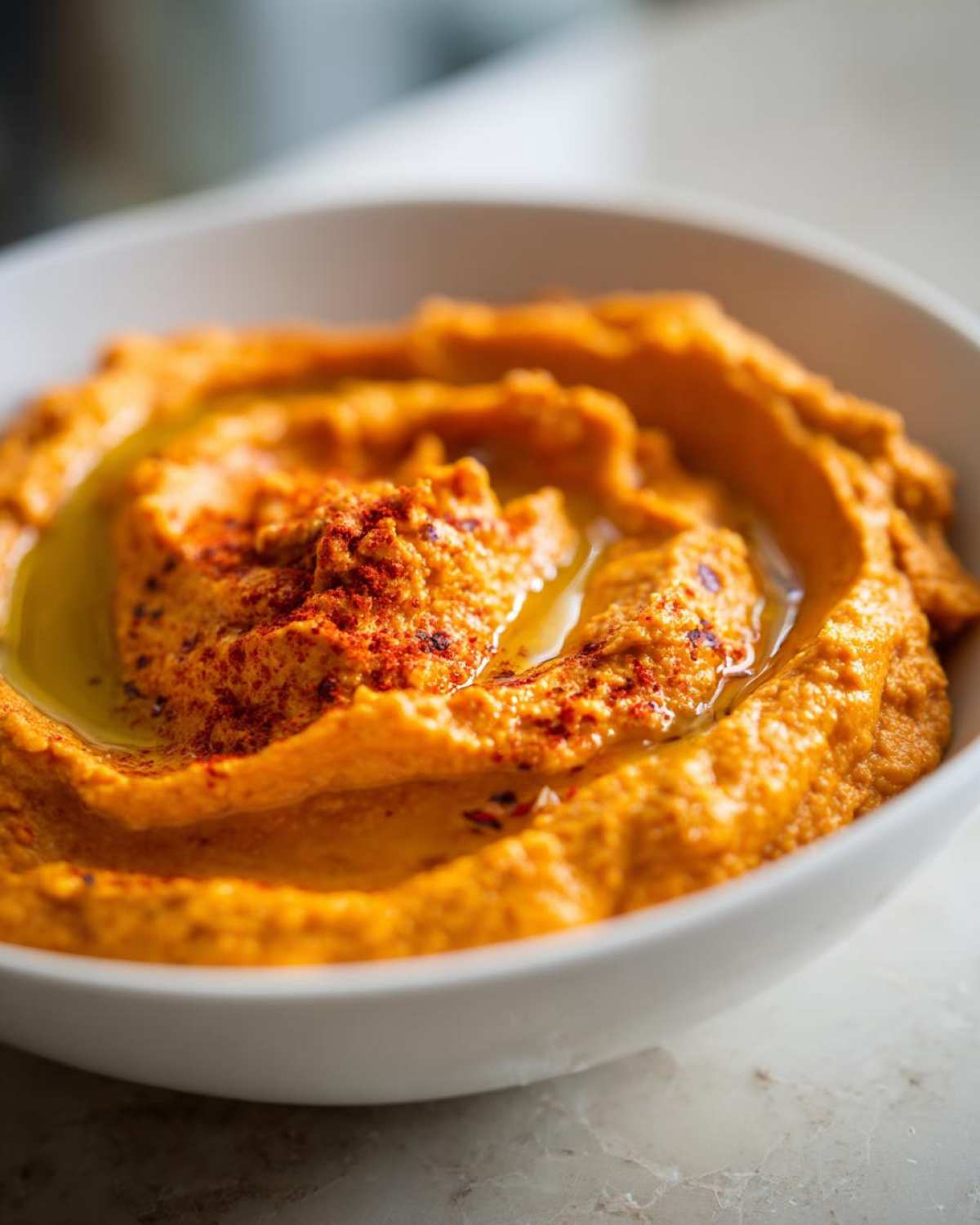 Close-up of creamy Roasted Red Pepper Hummus swirled in a white bowl, drizzled with olive oil and sprinkled with paprika.