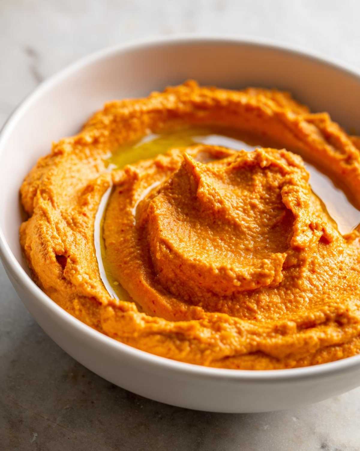 Close-up of creamy, vibrant orange Roasted Red Pepper Hummus swirled in a white bowl, topped with olive oil.