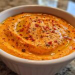 Close-up of creamy Roasted Red Pepper Hummus topped with olive oil and red pepper flakes in a white bowl.