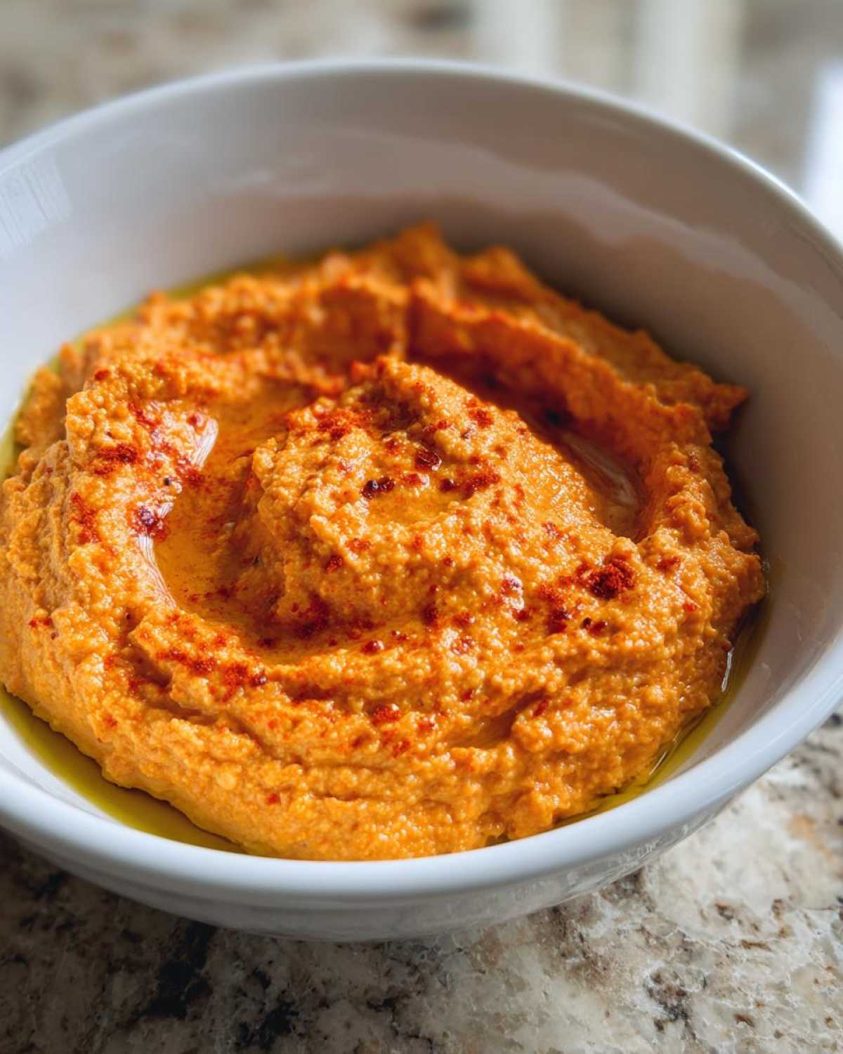 Close-up of creamy Roasted Red Pepper Hummus drizzled with olive oil and sprinkled with paprika in a white bowl.