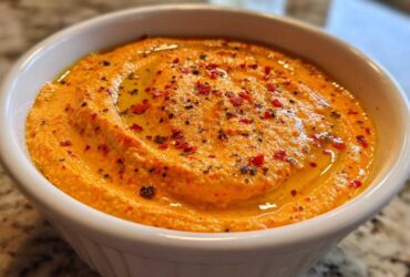 Close-up of creamy Roasted Red Pepper Hummus topped with olive oil and red pepper flakes in a white bowl.