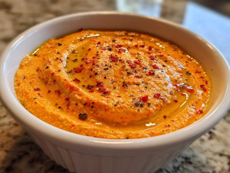 Close-up of creamy Roasted Red Pepper Hummus topped with olive oil and red pepper flakes in a white bowl.