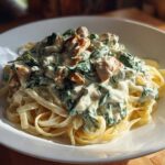 A close-up of fettuccine pasta topped generously with creamy sauce, spinach, and chunks of chicken in the Creamy Spinach Alfredo Pasta with Chicken.