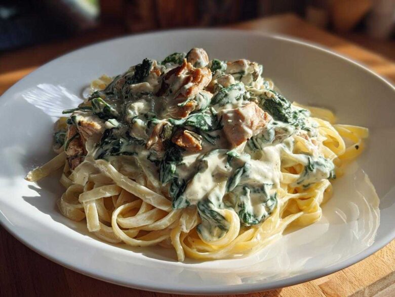 A close-up of fettuccine pasta topped generously with creamy sauce, spinach, and chunks of chicken in the Creamy Spinach Alfredo Pasta with Chicken.