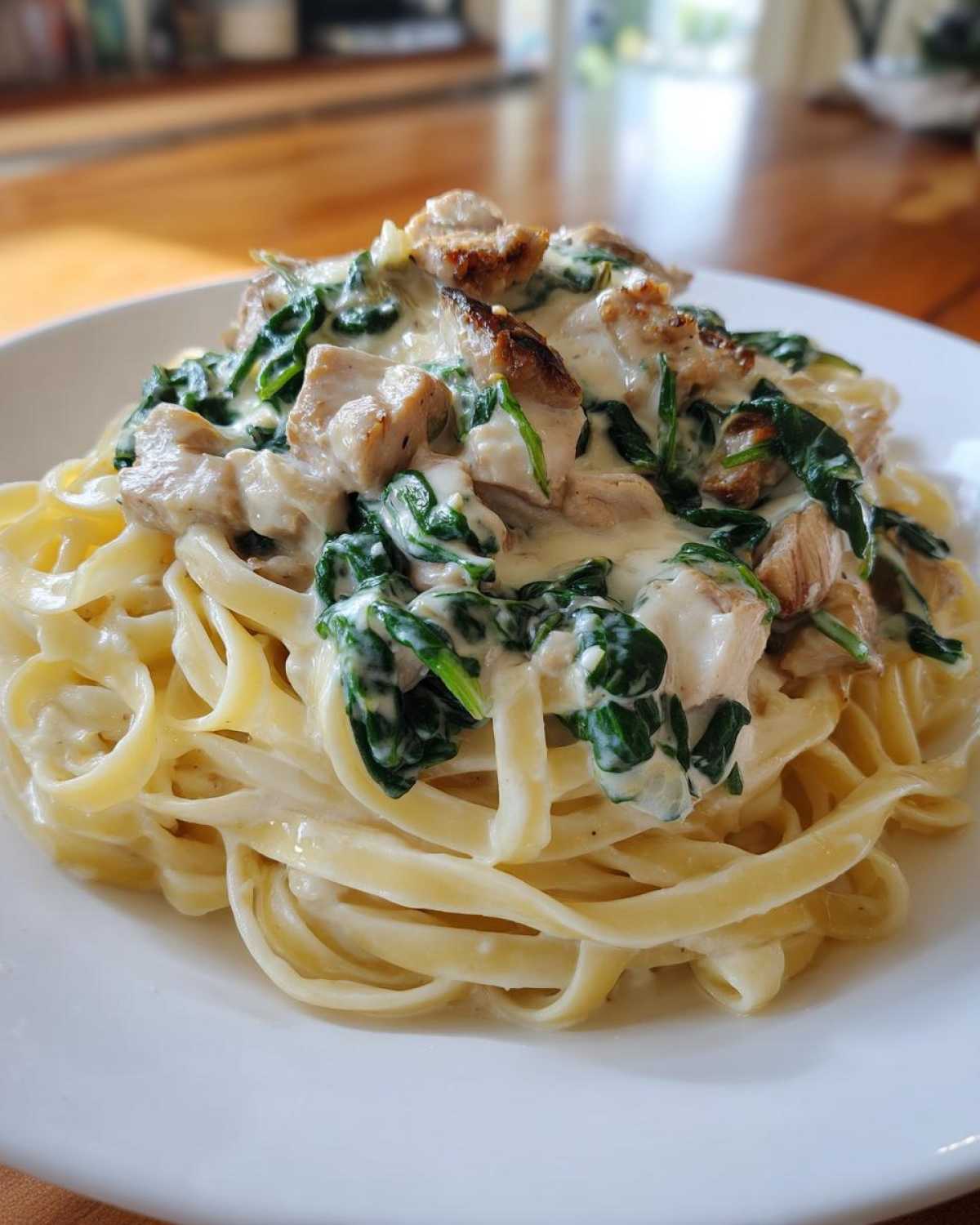 A close-up of Creamy Spinach Alfredo Pasta with Chicken served over fettuccine noodles on a white plate.