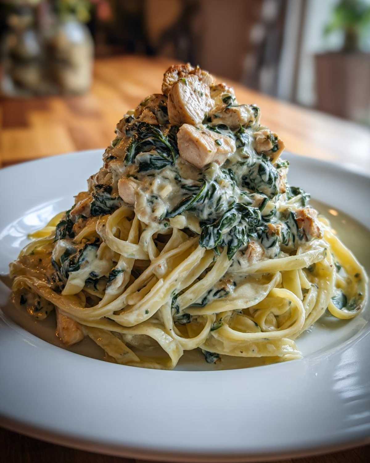 A tall mound of Creamy Spinach Alfredo Pasta with Chicken served on a white plate.