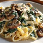 Close-up of a serving of Creamy Spinach and Mushroom Pasta Dinner with fettuccine, sautéed mushrooms, and grated cheese.