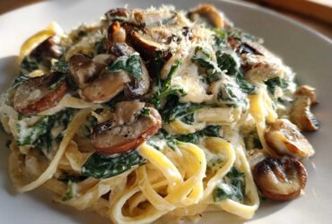 Close-up of a serving of Creamy Spinach and Mushroom Pasta Dinner with fettuccine, sautéed mushrooms, and grated cheese.