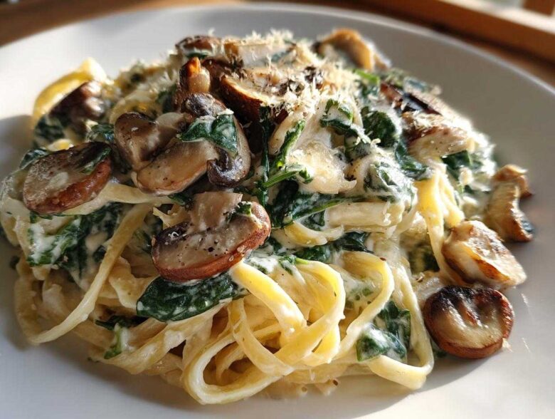 Close-up of a serving of Creamy Spinach and Mushroom Pasta Dinner with fettuccine, sautéed mushrooms, and grated cheese.