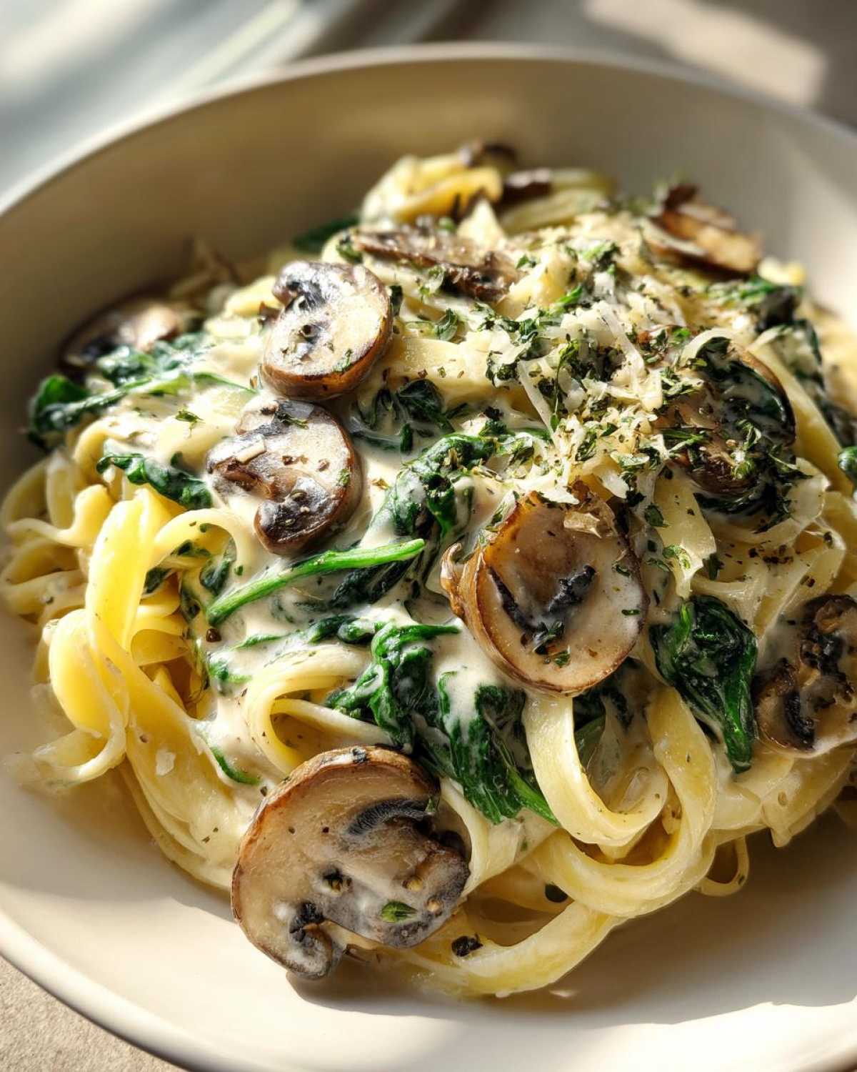 Close-up of a bowl of Creamy Spinach and Mushroom Pasta Dinner with fettuccine, mushrooms, and herbs.