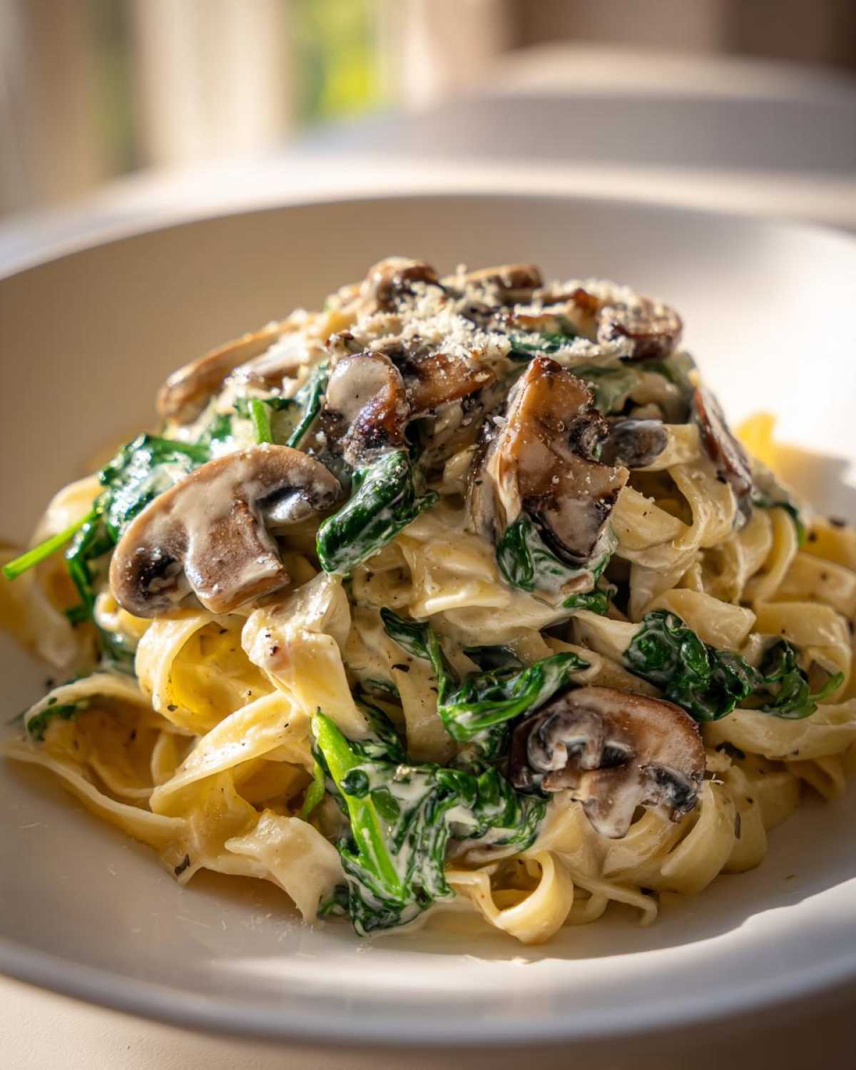 Close-up of a serving of Creamy Spinach and Mushroom Pasta Dinner with fettuccine, sautéed mushrooms, and wilted spinach.