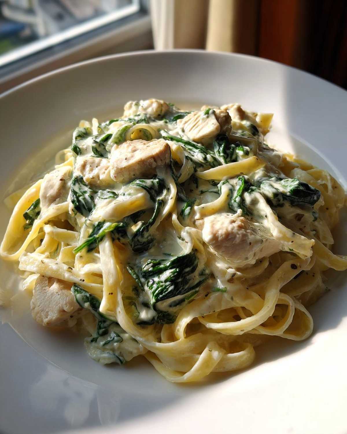 A close-up of fettuccine pasta tossed with chicken chunks, wilted spinach, and rich Alfredo sauce, showcasing the Creamy Spinach Chicken Pasta.