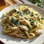 A close-up of a plate piled high with Creamy Spinach Chicken Pasta with Alfredo Sauce, featuring fettuccine, chicken pieces, and wilted spinach.