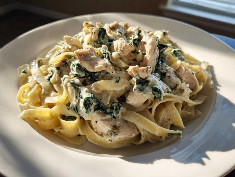 A close-up of creamy spinach chicken pasta with Alfredo sauce served on a white plate.