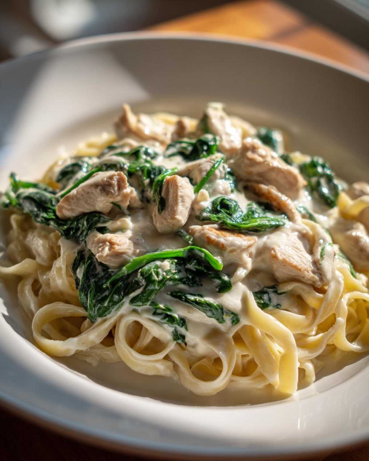 A close-up of fettuccine pasta tossed in a rich Alfredo sauce with pieces of chicken and wilted spinach, clearly showing the Creamy Spinach Chicken Pasta.