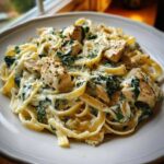 Close-up of Creamy Spinach Chicken Pasta with Garlic featuring fettuccine, chunks of seasoned chicken, and wilted spinach in a rich white sauce.