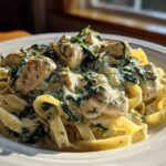 Close-up of Creamy Spinach Chicken Pasta with Garlic featuring fettuccine noodles, chunks of chicken, and wilted spinach in a rich white sauce.