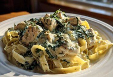 Close-up of Creamy Spinach Chicken Pasta with Garlic featuring fettuccine noodles, chunks of chicken, and wilted spinach in a rich white sauce.