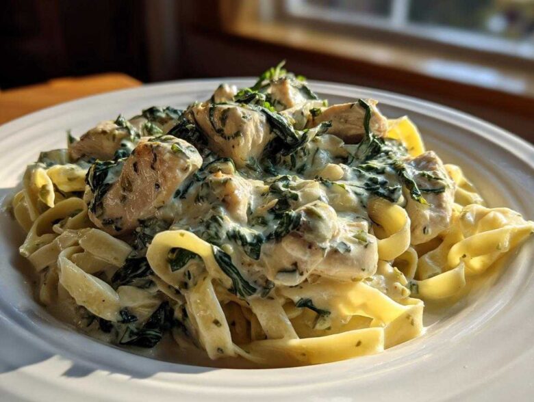 Close-up of Creamy Spinach Chicken Pasta with Garlic featuring fettuccine noodles, chunks of chicken, and wilted spinach in a rich white sauce.